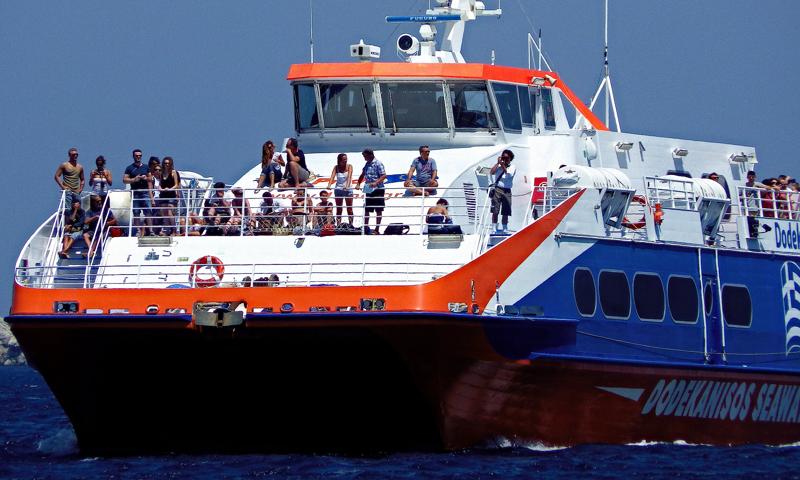Catamaran approaches Agia Marina, Leros