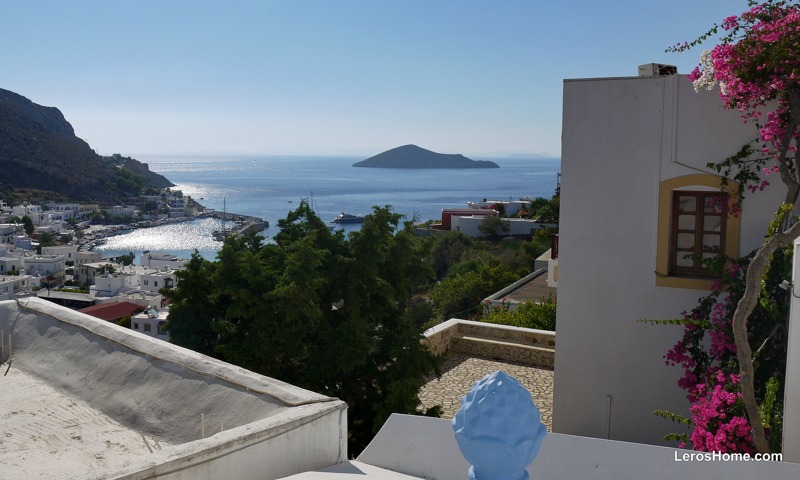 view to Pandeli harbour from house in Spilia, Leros